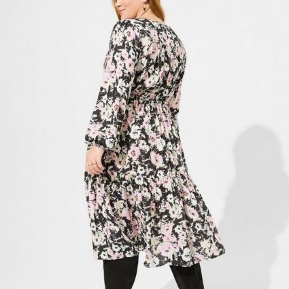 Torrid plus floral swiss dot long sleeves tiered midi dress, 2XL, black - Picture 3 of 13